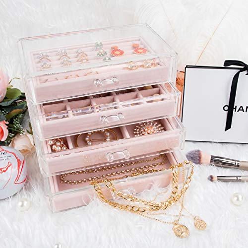 Acrylic Jewelry Box with 4 Drawers, Velvet Jewelry Organizer for Earring Necklace