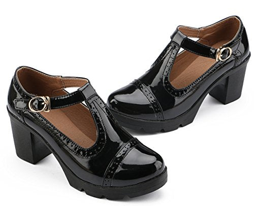 Women's Classic T-Strap Platform Mid-Heel Square Toe Oxfords Dress Shoes Black US Size