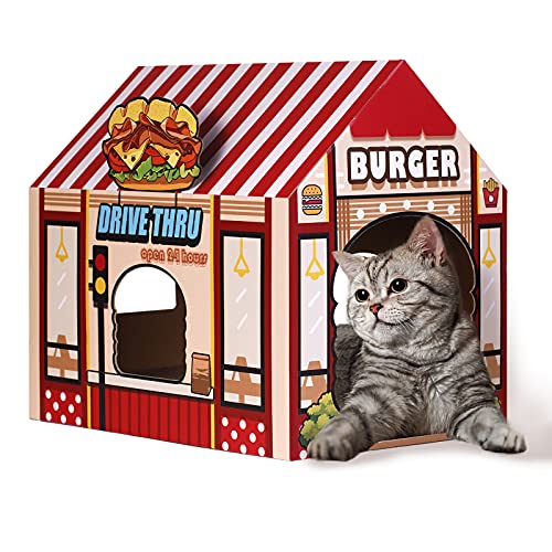 Cardboard Cat House with Scratcher/Catnip, (16.5''L x 12''W x 15''H) Kitty Burger Shop