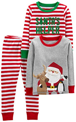 Unisex Kids' 3-Piece Snug-Fit Cotton Christmas Pajama Set, Red/White, Stripe/Santa, 8