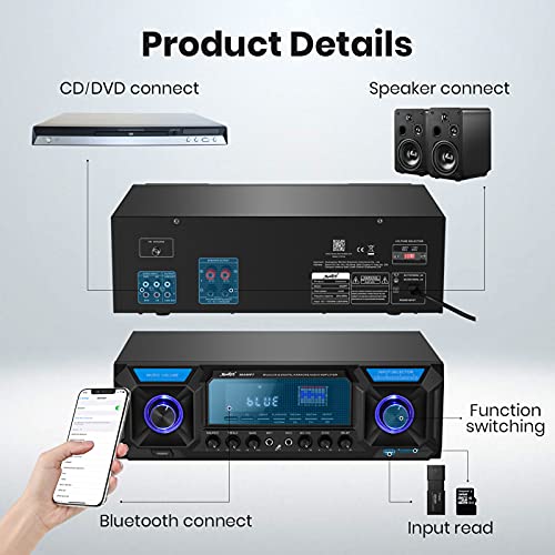 Audio Power Amplifier 330W 2 Channel, Bluetooth 5.0 Home Theater Stereo Receiver