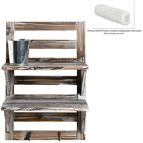 2-Tier Wall-Mounted Shelf Rack with Key Hooks, Torched Wood Entryway Storage