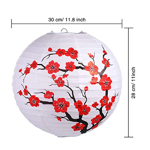 6 Pack Chinese Japanese Red Cherry Flowers Paper Lantern White Round Chinese