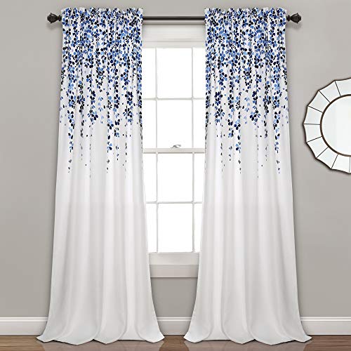 Weeping Flowers Curtains Navy and Blue Room Darkening Window Panel Set (Pair), 84 in x 52