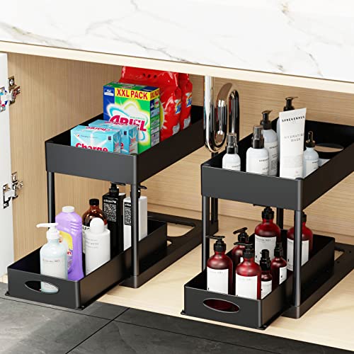 Under Sliding Cabinet Basket Organizer, 2 Tier Storage for Bathroom Kitchen