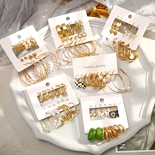 44 Pairs Gold Hoop Earrings Set for Women Multipack, Fashion Dangle Heart Statement