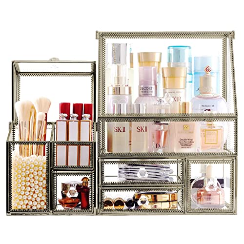 Stackable 3Pieces Drawer Set Glass Makeup Organizer Antique Countertop Vanity