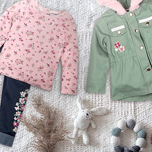 3 Piece Toddler Girls Clothing Set with Faux Fur Trim Twill Jacket + Long Sleeve Floral Print Shirt + Knit Denim Legging