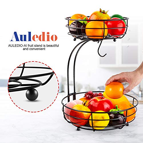 2-Tier Countertop Fruit Vegetables Basket Bowl Storage With Banana Hanger, Black