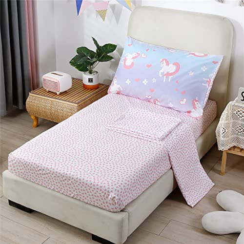 4-Piece Toddler Bedding Set - Ultra Soft Ombre Pink Blue Unicorn Print Heart Comforter Set
