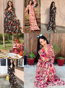 Womens Casual Floral Deep V Neck Long Sleeve Long Evening Dress Cocktail Party