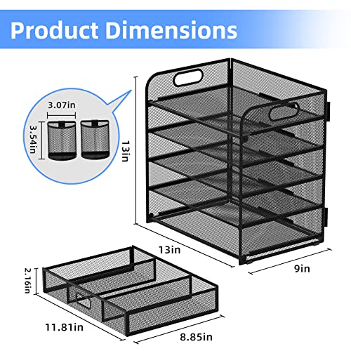 5-Trays Desktop File Organizer with Handle, Letter Tray Paper Organizer with Drawer and Pen Holders