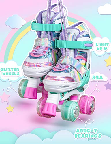 Sulifeel Rainbow Unicorn 4 Size Adjustable Light up Roller Skates for Girls Boys for Kids