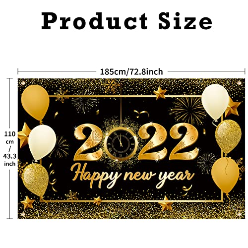 Happy New Year Decorations 2022, Large Size Fabric Black and Gold Happy New Year Banner Photography Backdrop for New Years Eve Party Supplies 2022 Indoor Outdoor