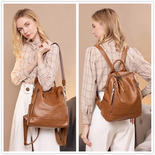 Women Backpack Fashion Leather Purse Casual Shoulder Bag Satchel Large Travel (Brown)