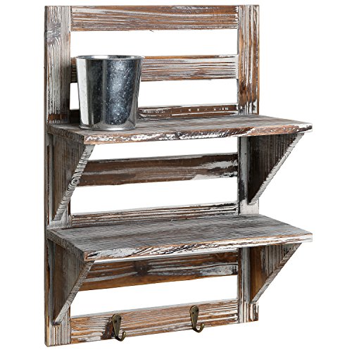 2-Tier Wall-Mounted Shelf Rack with Key Hooks, Torched Wood Entryway Storage