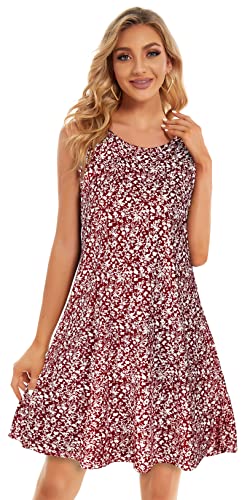 Red Dresses for Women Summer Beach Sleeveless Sundress Pockets Swing Casual Loose Tshirt Dress(Red Floral,L)