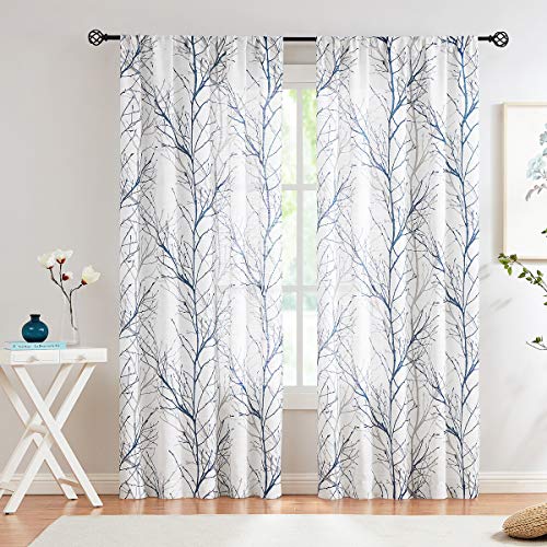 White Blue Semi-Sheer Curtains 96-inches for Living Room Navy Grey Branches Printed