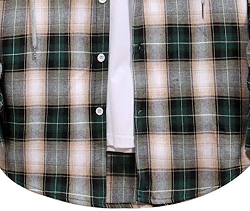 Men Hooded Plaid Shirts Button Splice Sweatshirt Long Sleeve Lattice Tops Green