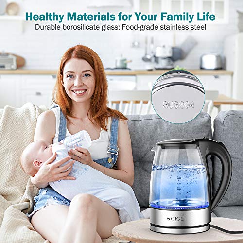 KOIOS Electric Kettle 1.8L Hot Water Boiler Teapot & Glass Tea Kettle with LED