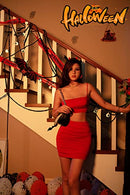 Women's Ruched Cami Crop Top Bodycon Skirt 2 Piece Outfits Dress Red