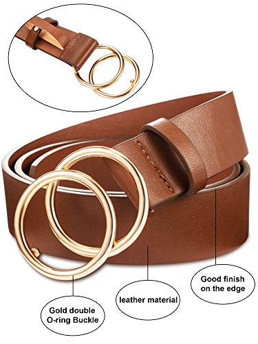 2 Pieces Women Leather Belt Faux Leather Waist Belts with Double O-Ring Buckle