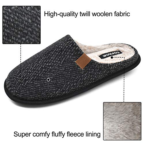 Mens Black Woolen Cozy Memory Foam scuff Slippers Slip On Warm House Shoes