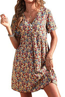 Summer Dress for Women Short Sleeve V Neck Ruffled Floral Swing A-Line Dresses