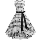Wellwits Women's Boat Neck Sash Tie Music Note Print Midi Fall Swing Dress M