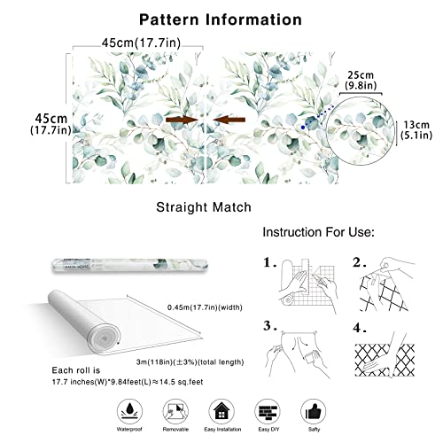 Peel and Stick Wallpaper Green/White Eucalyptus Leaf Floral Wall Mural