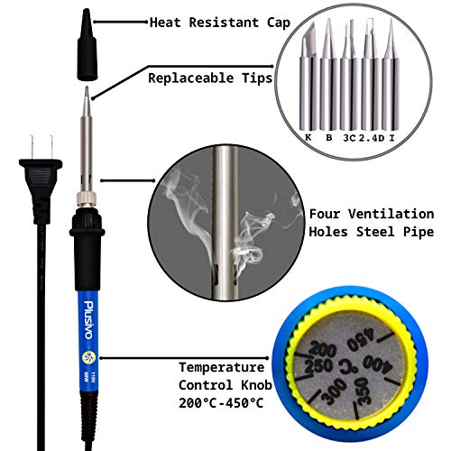 Soldering Iron Kit - Soldering Iron 60 W Adjustable Temperature, Solder Wire, Tweezers, Soldering Iron Stand, Soldering Iron Tips Set, Desoldering Pump, Solder Wick, Heatshrink Tubes [110 V, US Plug]