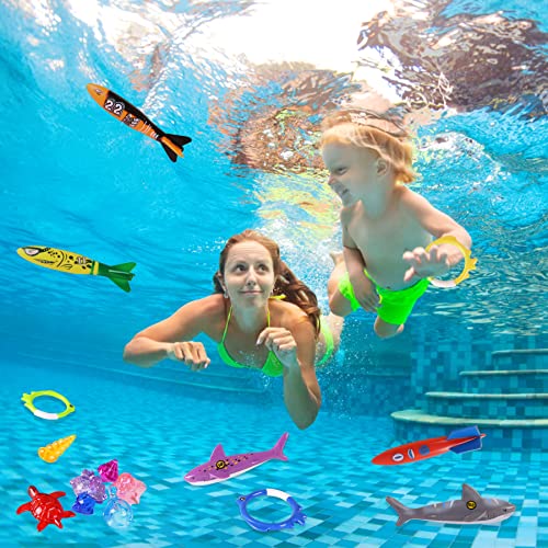 24 Pack Summer Pool Diving Toys for Kids, Fun Swimming Pool Games Sinking Toy Set, Underwater Diving Gifts with Storage Bag Include Torpedo Gems Shark Diving Rings Sea Animals for Boys Girls