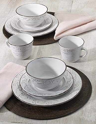 Trellis White 16-Piece Dinnerware Set, Service for 4, Distressed White