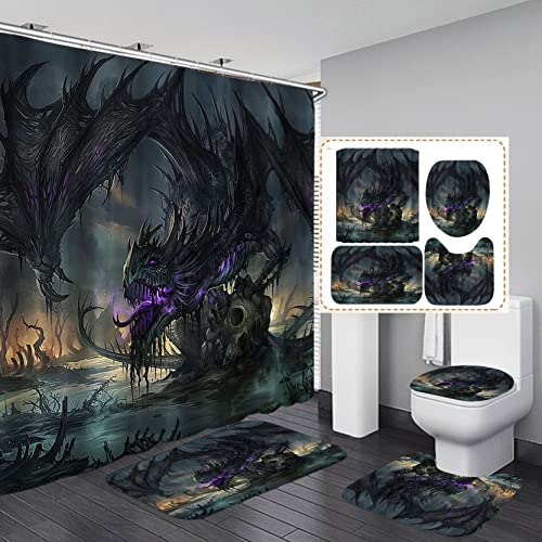 4PCS/Set Gothic Dragon Shower Curtain, Magic Mythical Creature Horror Black Dragon