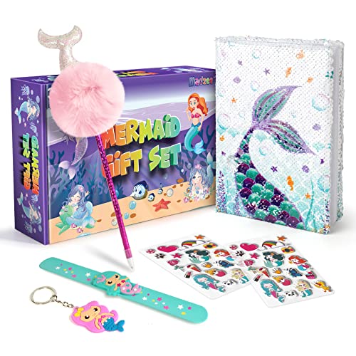 Mermaid Gift Set, Sequin Diary, Fluffy Pen, 3D Stickers, Slap Bracelet, Keychain