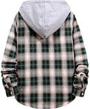 Men Hooded Plaid Shirts Button Splice Sweatshirt Long Sleeve Lattice Tops Green
