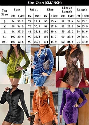 Ruched Front Velvet Shirt Dress for Women Long Sleeve Button Down Bodycon Dresses