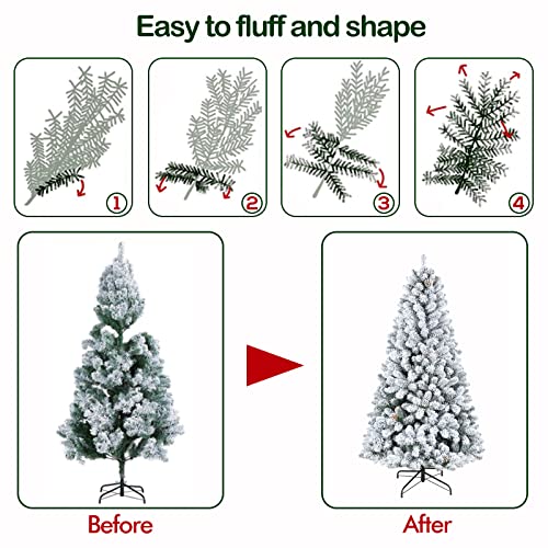 6ft Snow Flocked Artificial Christmas Tree with Pine Cones, 764 Tips, Metal Stand