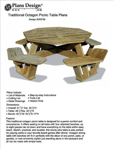 Traditional Octagon Picnic Table Set / Woodworking Out Door Furniture Plans Pattern