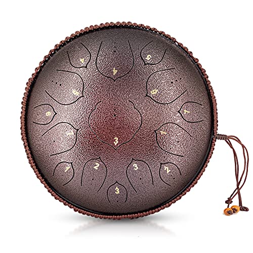 Steel Tongue Drum, 15 Notes 14 inch D-Key Handpan Percussion Instrument - Tank Chakra Drums