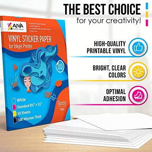 Printable Vinyl Sticker Paper - Waterproof Decal Paper for Inkjet Printer - 50 Self-Adhesive Sheets