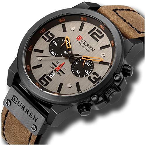 FANMIS Mens Leather Strap Watches Classic Sandwich Dial Casual Dress Stainless Steel Waterproof Chronograph Date Analog Quartz Watch (Black Brown)