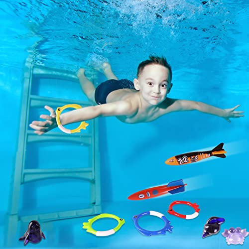 24 Pack Summer Pool Diving Toys for Kids, Fun Swimming Pool Games Sinking Toy Set, Underwater Diving Gifts with Storage Bag Include Torpedo Gems Shark Diving Rings Sea Animals for Boys Girls