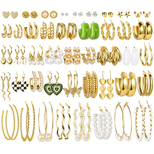 44 Pairs Gold Hoop Earrings Set for Women Multipack, Fashion Dangle Heart Statement