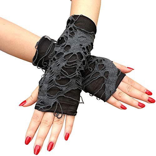 Women's Punk Fingerless Glove Cosplay Ripped Gloves for Halloween Costume Party
