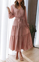 Women’s Long Sleeve V Neck Leopard Print Ruffle Maxi Dress Tie Waist Boho Chiffon