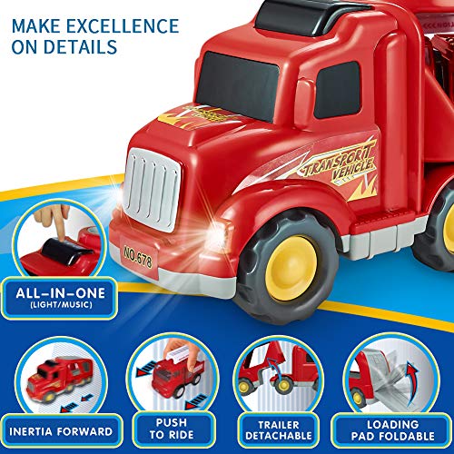 Fire Truck Car Toys Set, Friction Powered Car Carrier Trailer with Sound and Light