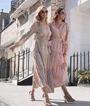 Women’s Long Sleeve V Neck Leopard Print Ruffle Maxi Dress Tie Waist Boho Chiffon