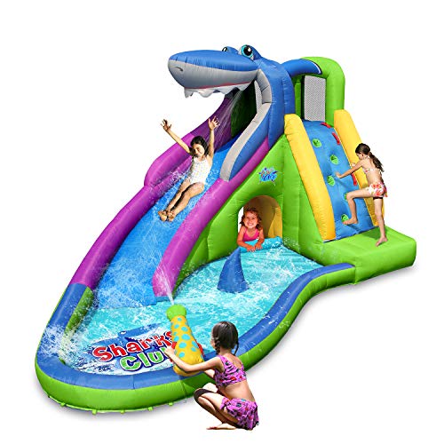 Inflatable Waterslide, Shark Bounce House with Slide for Wet and Dry