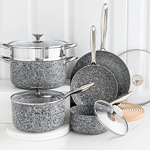 Stone Cookware Set 10 Piece, Ultra Nonstick Pots and Pans Set with Stone 10 Piece